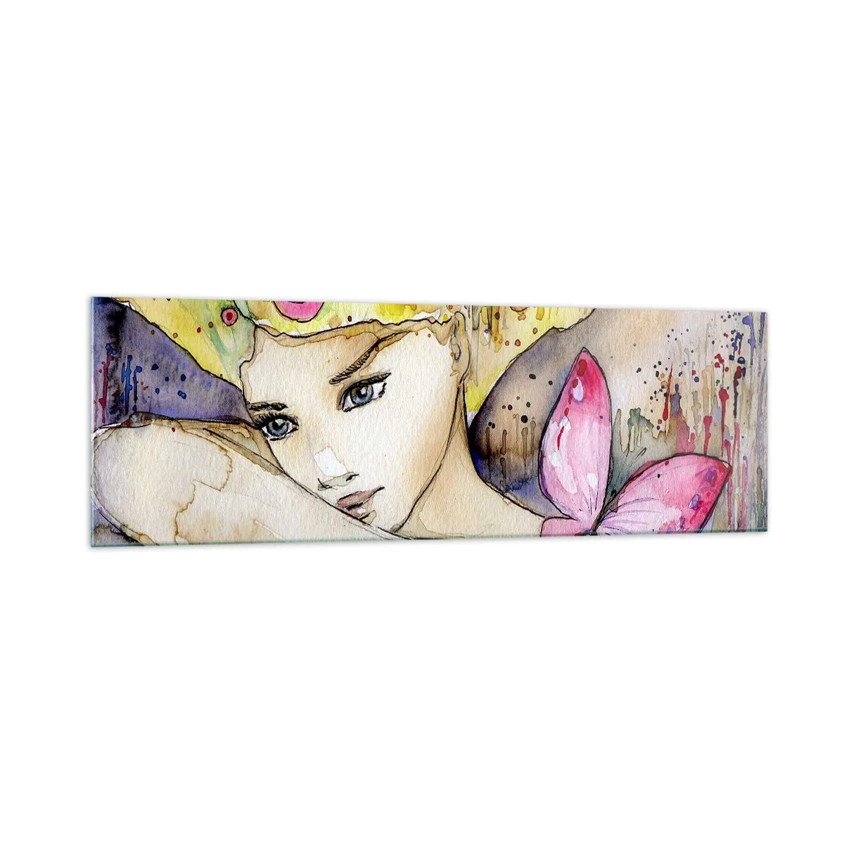 Cuadro sobre vidrio - Impresiones sobre Vidrio - Una mujer con un peinado abstracto y una mariposa rosa. - 160x50cm - Una princesa mariposa - Decoración de pared moderna para salón y dormitorio ARTTOR