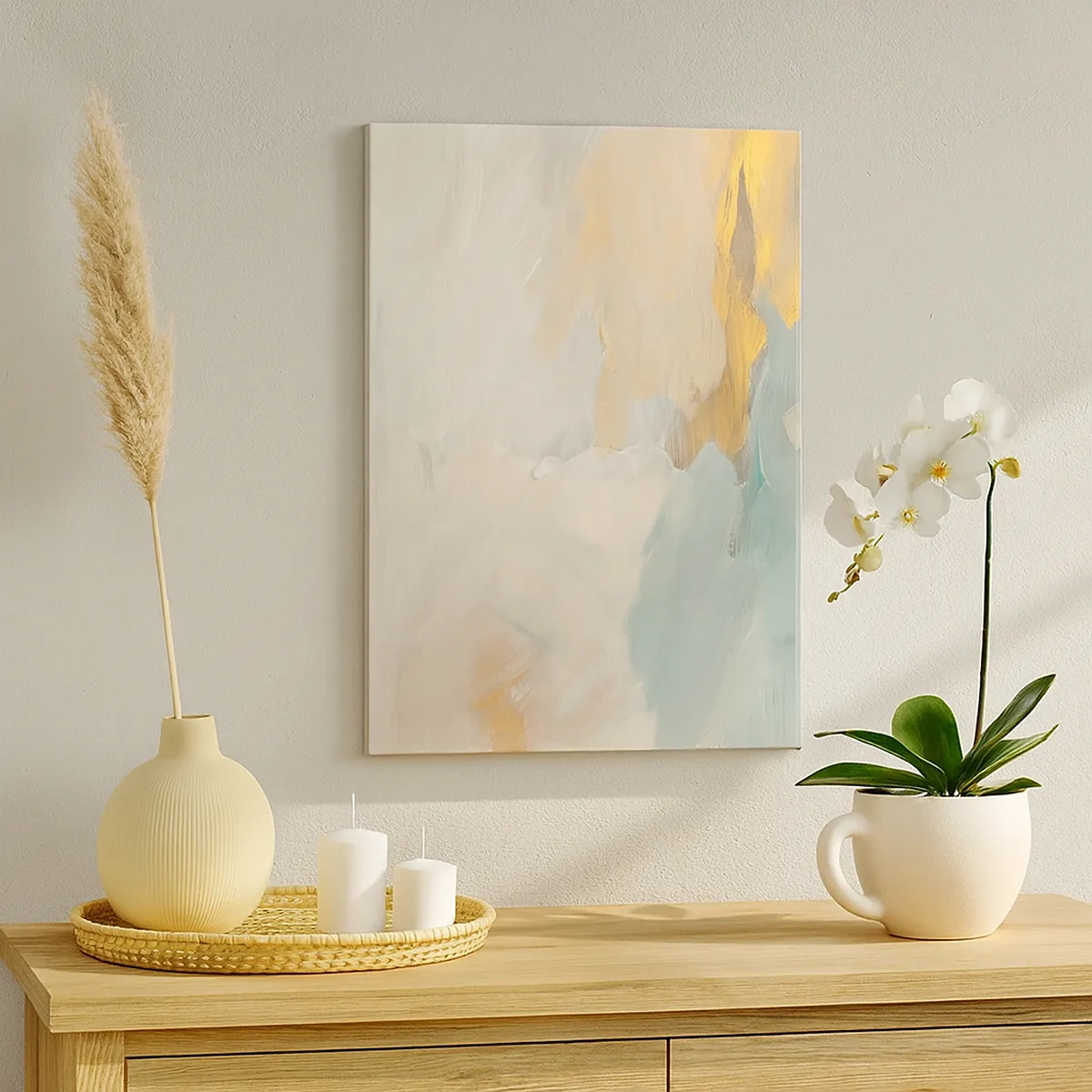 Cuadro sobre lienzo - Impresión de Imagen - Delicados trazos abstractos en tonos blancos y dorados. - 50x70cm - Abstracción - una tierra de dulzura - Decoración de pared moderna para salón y dormitorio ARTTOR