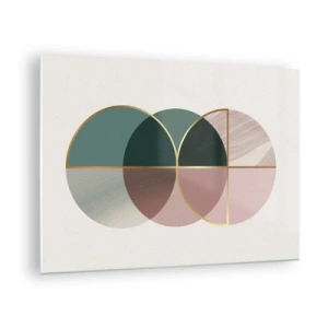 Cuadro sobre vidrio - Impresiones sobre Vidrio - Formas geométricas con tonos verdes y rosas sobre un fondo claro. - 70x50cm - Círculo tras círculo... - Decoración de pared moderna para salón y dormitorio ARTTOR