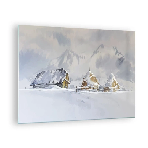 Cuadro sobre vidrio - Impresiones sobre Vidrio - Paisaje invernal con una cabaña y pajares en las montañas - 70x50cm - En un valle nevado - Decoración de pared moderna para salón y dormitorio ARTTOR