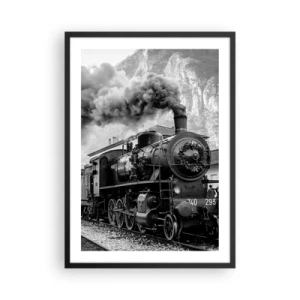 Póster en marco negro - Una locomotora de vapor con vapor ascendente en un entorno montañoso - 50x70cm - Rumbo a la estación... - Decoración de pared moderna para salón y dormitorio ARTTOR