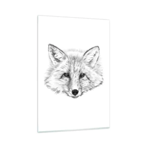 Cuadro sobre vidrio - Impresiones sobre Vidrio - Dibujo en blanco y negro de una cabeza de zorro sobre un fondo blanco. - 80x120cm - ¿Pueden mentir estos ojos? - Decoración de pared moderna para salón y dormitorio ARTTOR