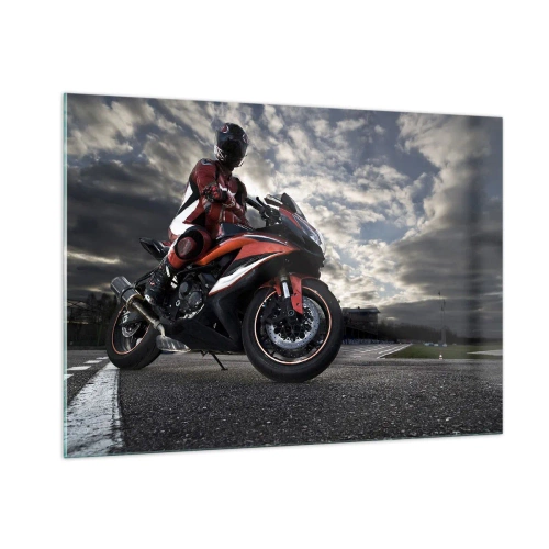 Cuadro sobre vidrio - Impresiones sobre Vidrio - Un motociclista en una pista de carreras bajo un cielo tormentoso. - 100x70cm - Motorista oscuro - Decoración de pared moderna para salón y dormitorio ARTTOR