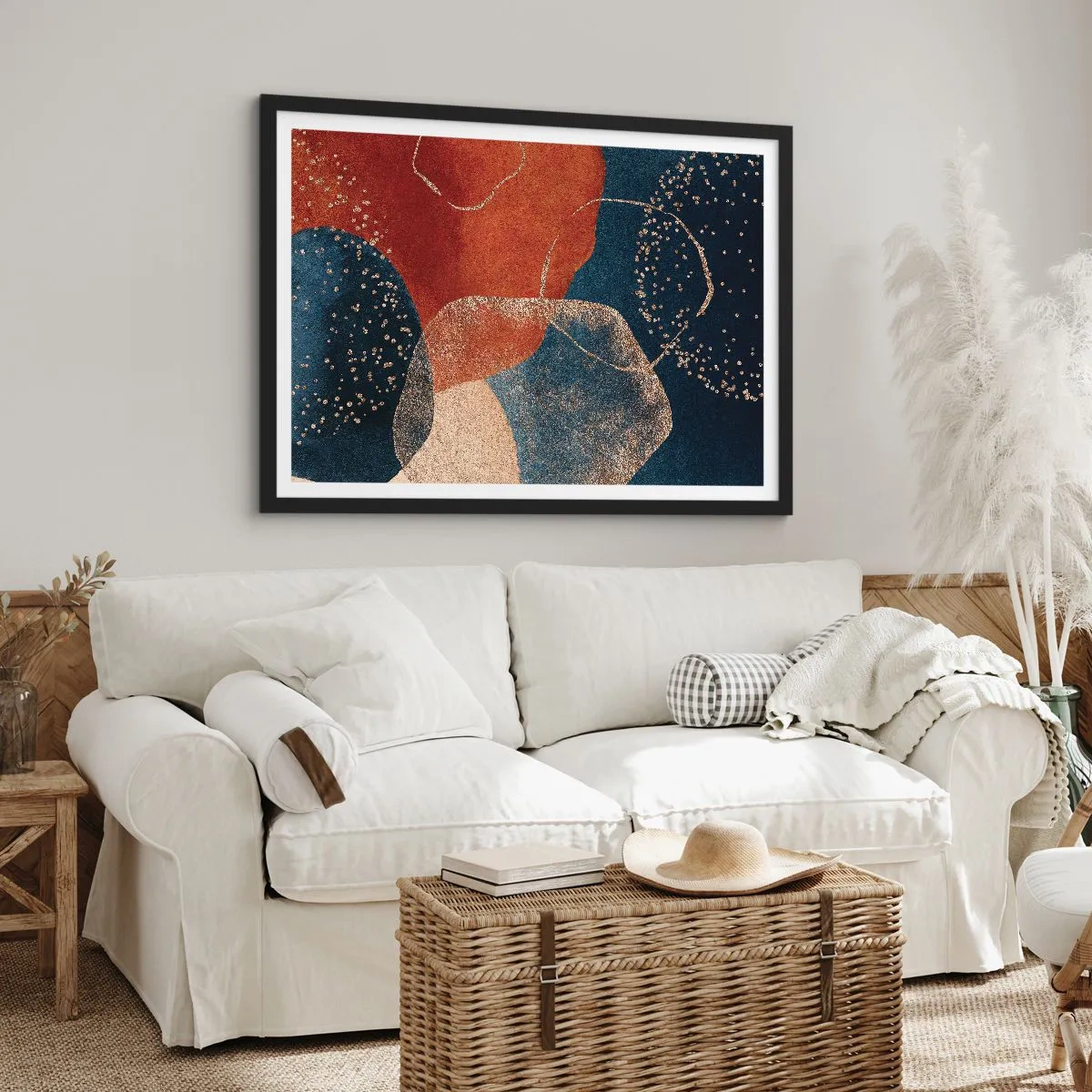 Póster en marco negro - Formas abstractas en tonos de rojo y azul. - 70x50cm - La ligereza del ser - Decoración de pared moderna para salón y dormitorio ARTTOR