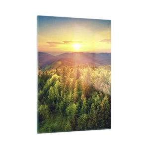 Cuadro sobre vidrio - Impresiones sobre Vidrio - Puesta de sol sobre un bosque de montaña con vistas a los valles. - 50x70cm - Desde lo alto - Decoración de pared moderna para salón y dormitorio ARTTOR