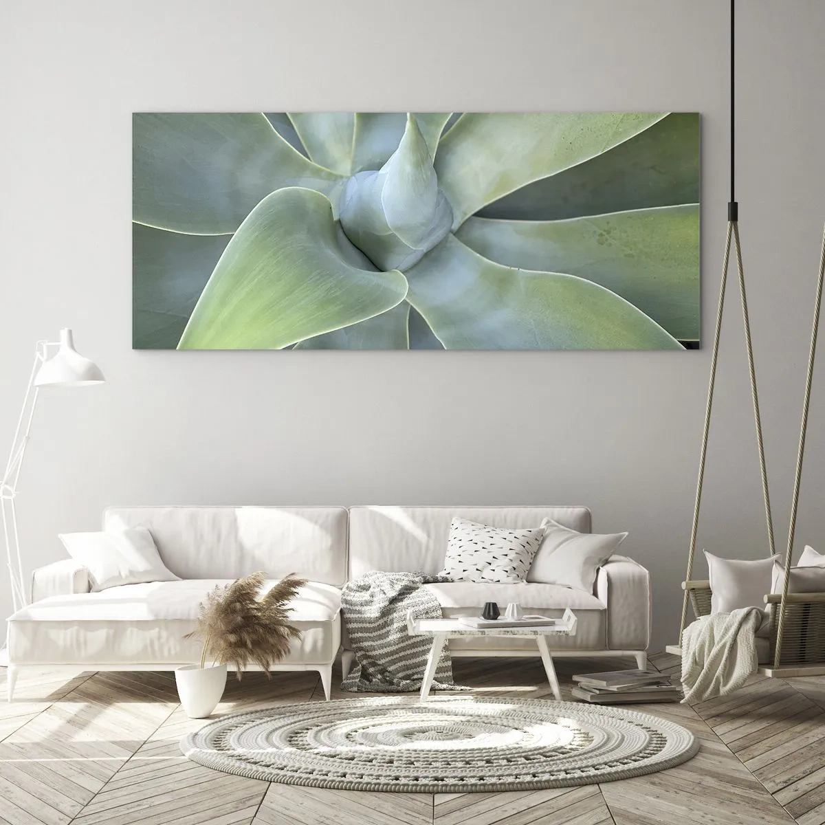 Cuadro sobre vidrio - Impresiones sobre Vidrio - Hojas sutiles de agave en tonos verdes. - 120x50cm - El nacimiento del verde - Decoración de pared moderna para salón y dormitorio ARTTOR
