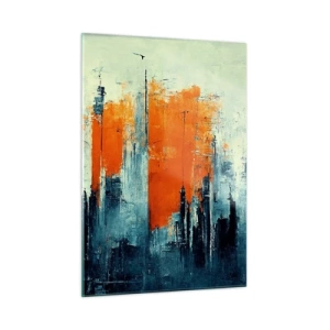 Cuadro sobre vidrio - Impresiones sobre Vidrio - Un panorama urbano moderno en tonos grises y naranjas. - 50x70cm - Paisaje moderno - Decoración de pared moderna para salón y dormitorio ARTTOR