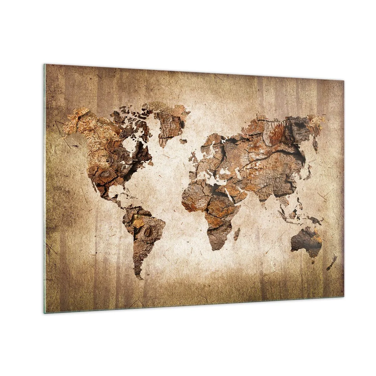 Cuadro sobre vidrio - Impresiones sobre Vidrio - Un mapa del mundo en tonos marrones imitando la madera. - 100x70cm - El descubrimiento del mundo - Decoración de pared moderna para salón y dormitorio ARTTOR