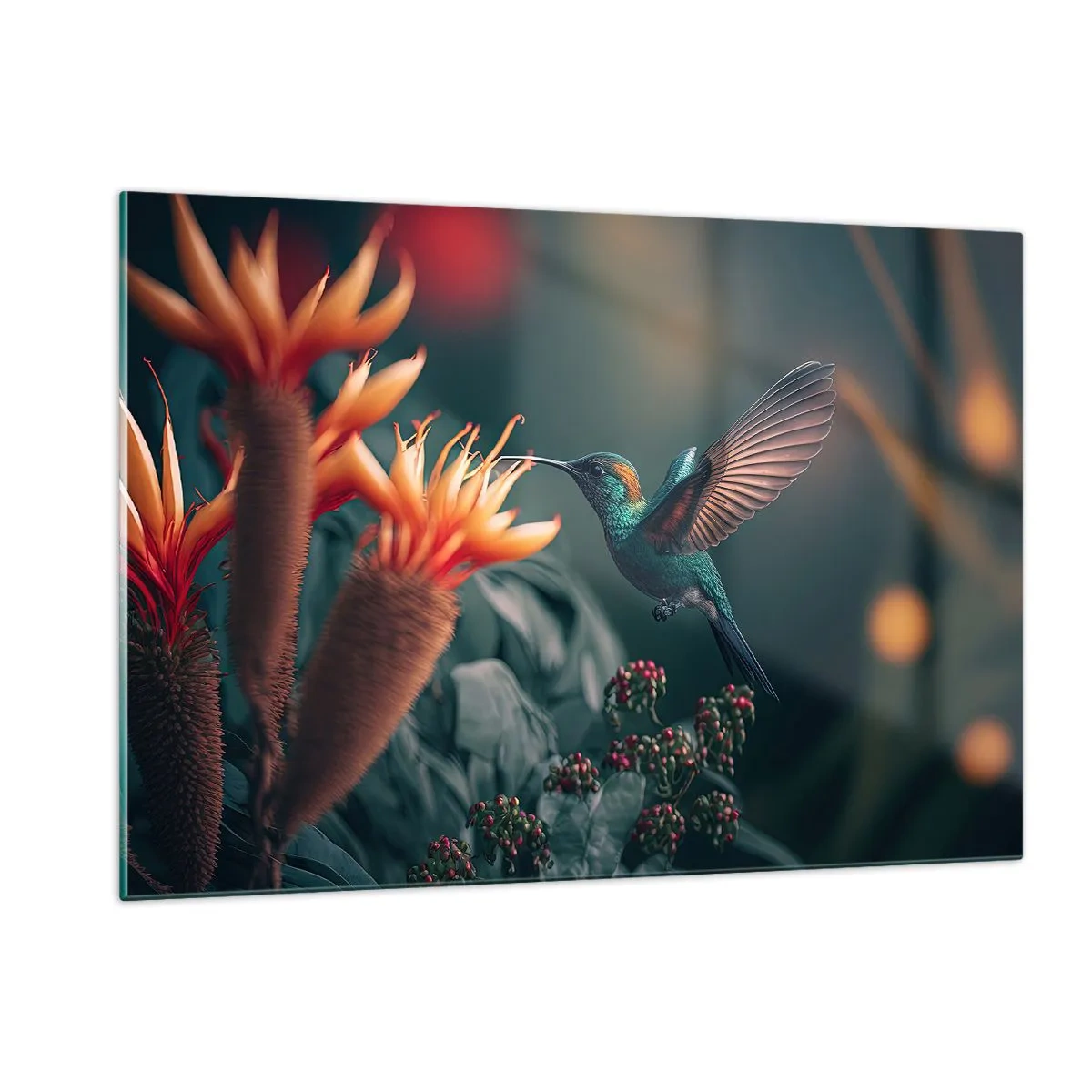 Cuadro sobre vidrio - Impresiones sobre Vidrio - Un colibrí vuela sobre flores exóticas entre las hojas. - 120x80cm - Una vida verdaderamente colorida - Decoración de pared moderna para salón y dormitorio ARTTOR