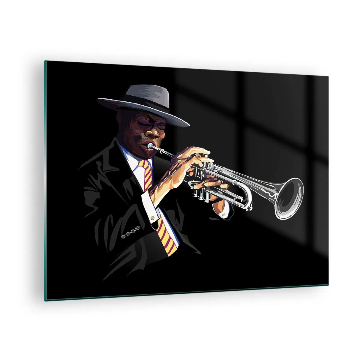 Cuadro sobre vidrio - Impresiones sobre Vidrio - Un músico negro con una trompeta y un sombrero sobre un fondo negro. - 70x50cm - El encanto de la vieja escuela - Decoración de pared moderna para salón y dormitorio ARTTOR