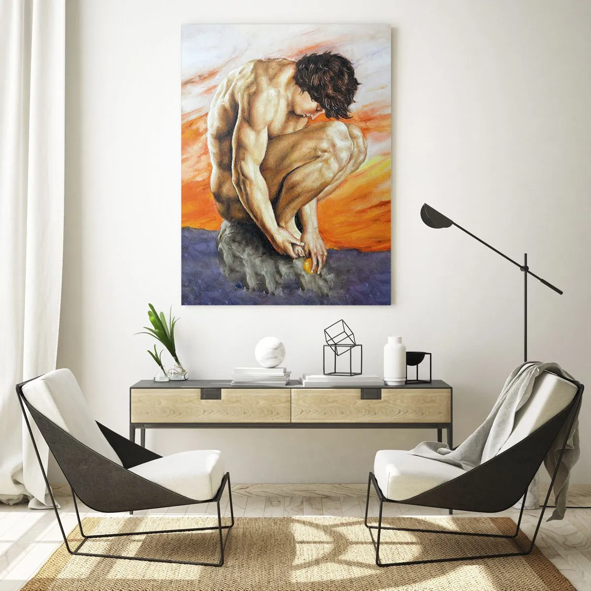 Cuadro sobre vidrio - Impresiones sobre Vidrio - Un cuerpo humano desnudo contra un cielo naranja intenso. - 50x70cm - Sumergido en sí mismo - Decoración de pared moderna para salón y dormitorio ARTTOR