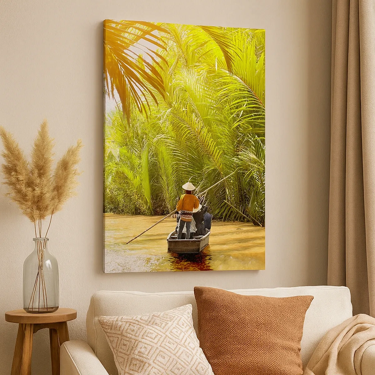 Cuadro sobre lienzo - Impresión de Imagen - Un barco en un río rodeado de vegetación tropical. - 50x70cm - En un túnel de palmeras - Decoración de pared moderna para salón y dormitorio ARTTOR