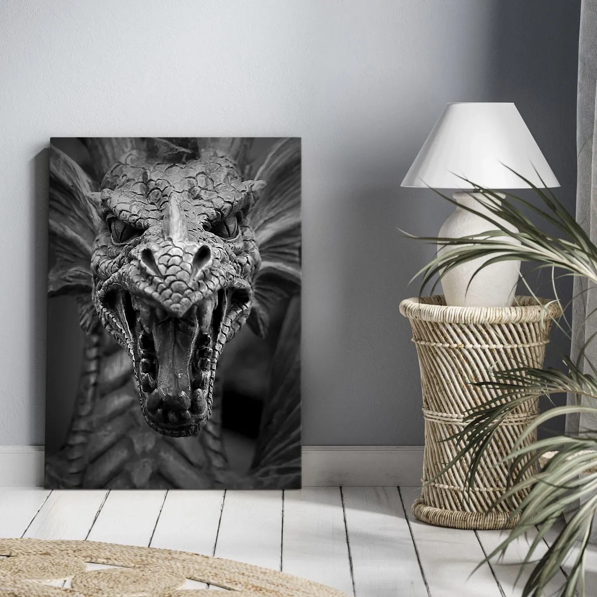 Cuadro sobre lienzo - Impresión de Imagen - Dragón de cuento de hadas en gris - 45x80 cm
