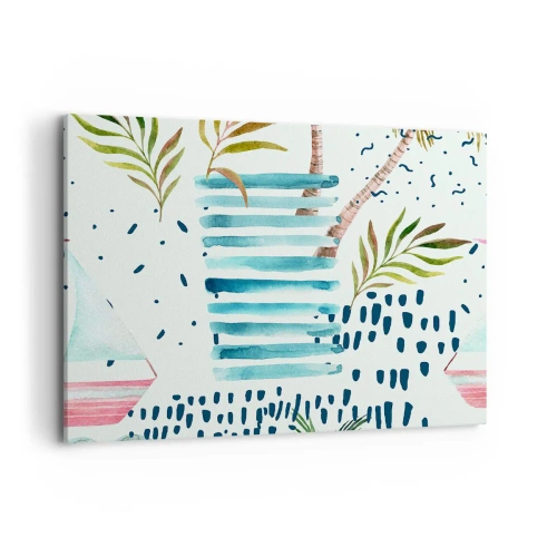 Cuadro sobre lienzo - Impresión de Imagen - Patrón abstracto con palmeras y acentos náuticos. - 100x70cm - Vacaciones bajo las palmeras - Decoración de pared moderna para salón y dormitorio ARTTOR
