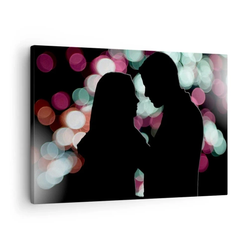 Cuadro sobre lienzo - Impresión de Imagen - Siluetas de una pareja sobre un fondo de luces bokeh de colores - 70x50cm - ¡Sí! - Decoración de pared moderna para salón y dormitorio ARTTOR