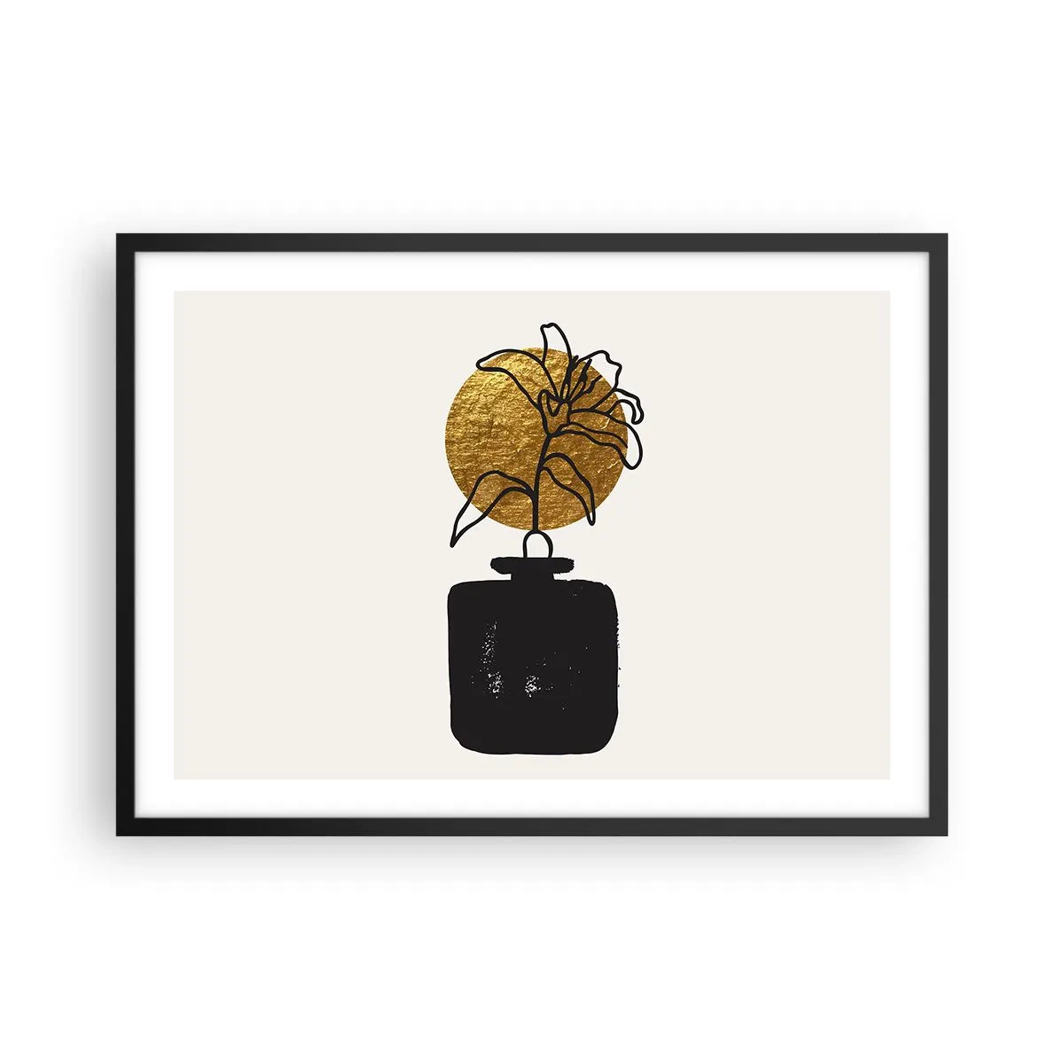 Póster en marco negro - Un dibujo de una flor en un jarrón sobre un fondo de círculo dorado. - 70x50cm - Belleza en equilibrio - Decoración de pared moderna para salón y dormitorio ARTTOR
