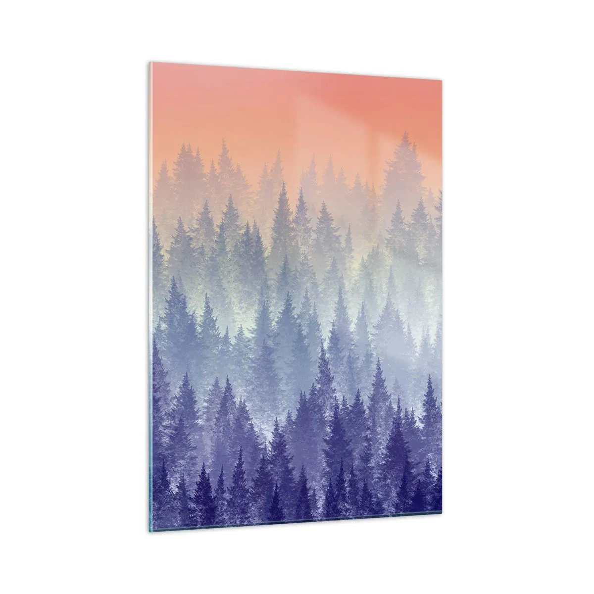 Cuadro sobre vidrio - Impresiones sobre Vidrio - Misterioso bosque de coníferas en tonos pastel de la mañana. - 50x70cm - Alto, más alto, hasta el cielo - Decoración de pared moderna para salón y dormitorio ARTTOR