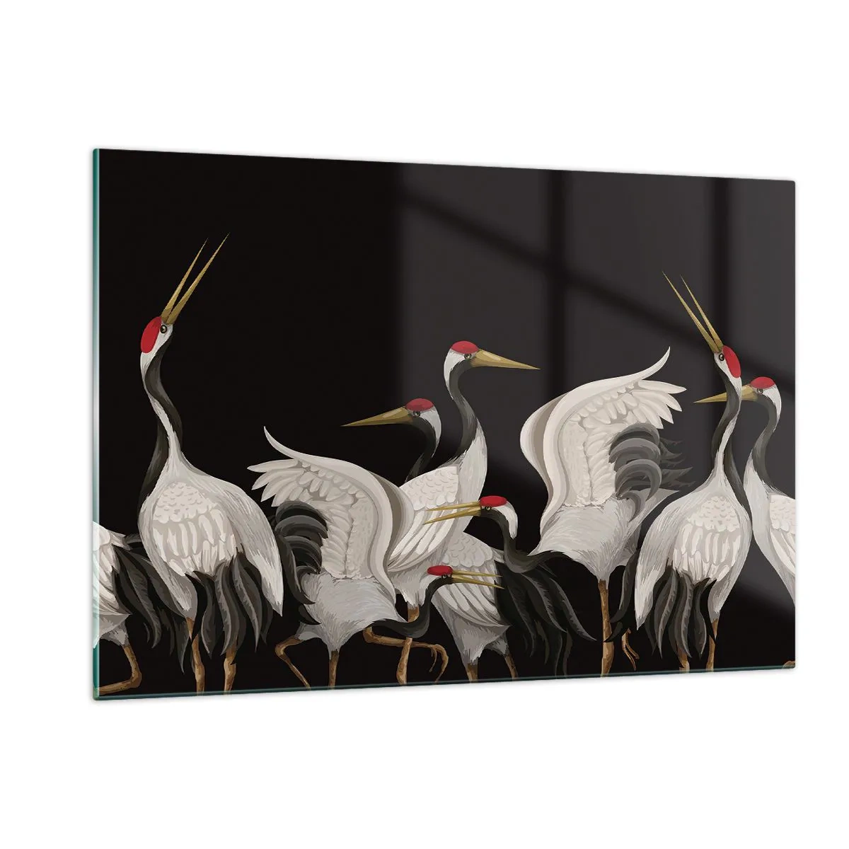 Cuadro sobre vidrio - Impresiones sobre Vidrio - Grullas blancas con cabezas rojas sobre fondo negro - 120x80cm - Asuntos de aves - Decoración de pared moderna para salón y dormitorio ARTTOR