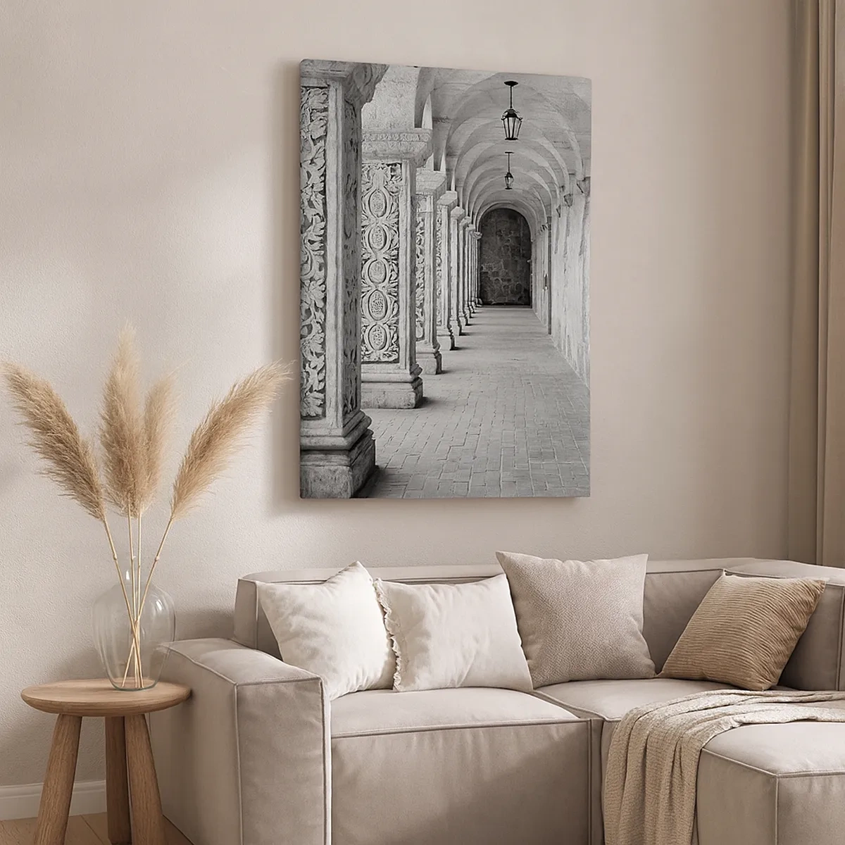 Cuadro sobre lienzo - Impresión de Imagen - Columnas históricas en una toma monocromática - 50x70cm - ¿Y adónde nos llevará...? - Decoración de pared moderna para salón y dormitorio ARTTOR