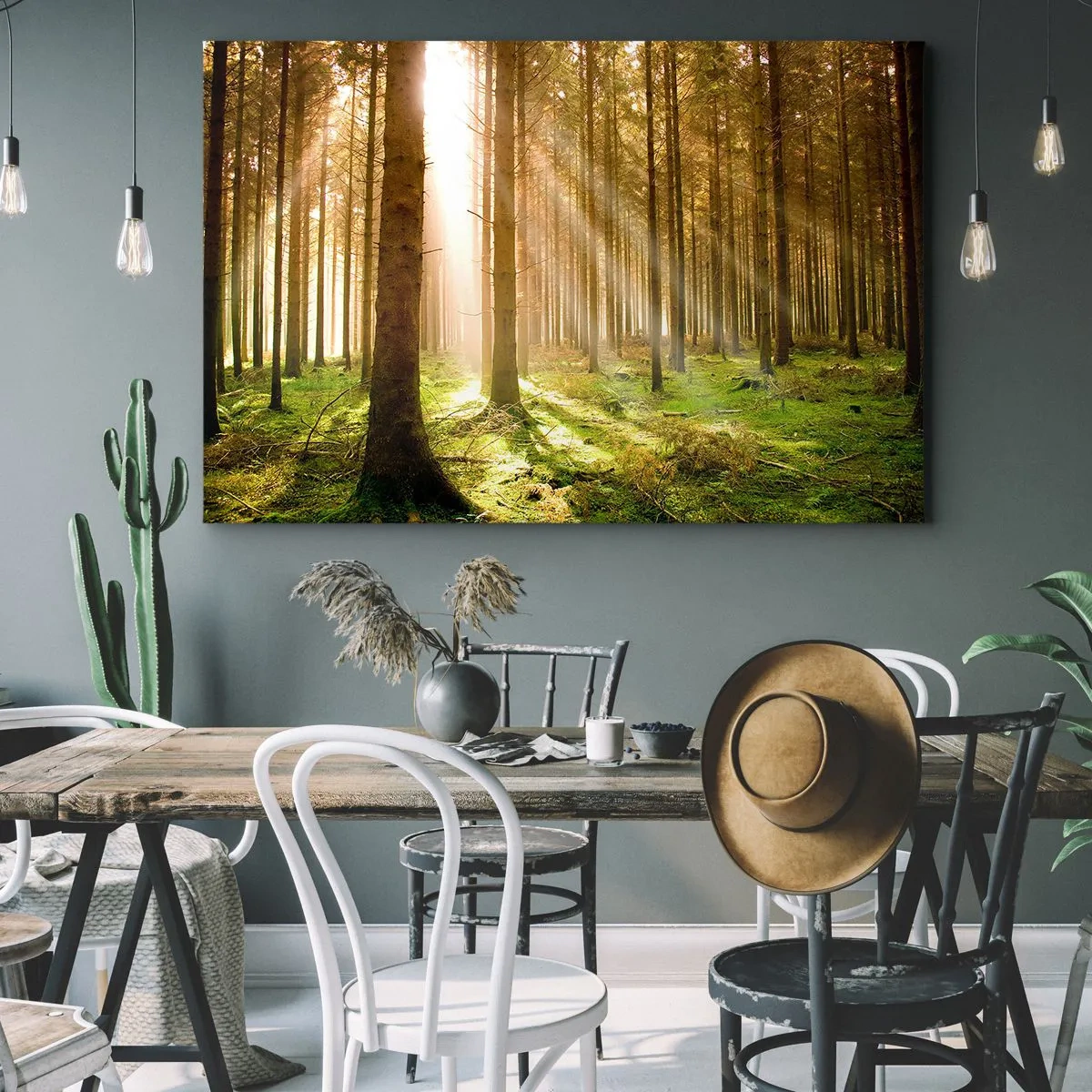 Cuadro sobre lienzo - Impresión de Imagen - Bosque de coníferas con rayos de sol brillando a través de los árboles. - 120x80cm - Los elfos se aproximan - Decoración de pared moderna para salón y dormitorio ARTTOR