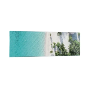 Cuadro sobre vidrio - Impresiones sobre Vidrio - Una vista de pájaro de una playa tropical con agua turquesa y palmeras. - 160x50cm - Vacaciones en el paraíso - Decoración de pared moderna para salón y dormitorio ARTTOR