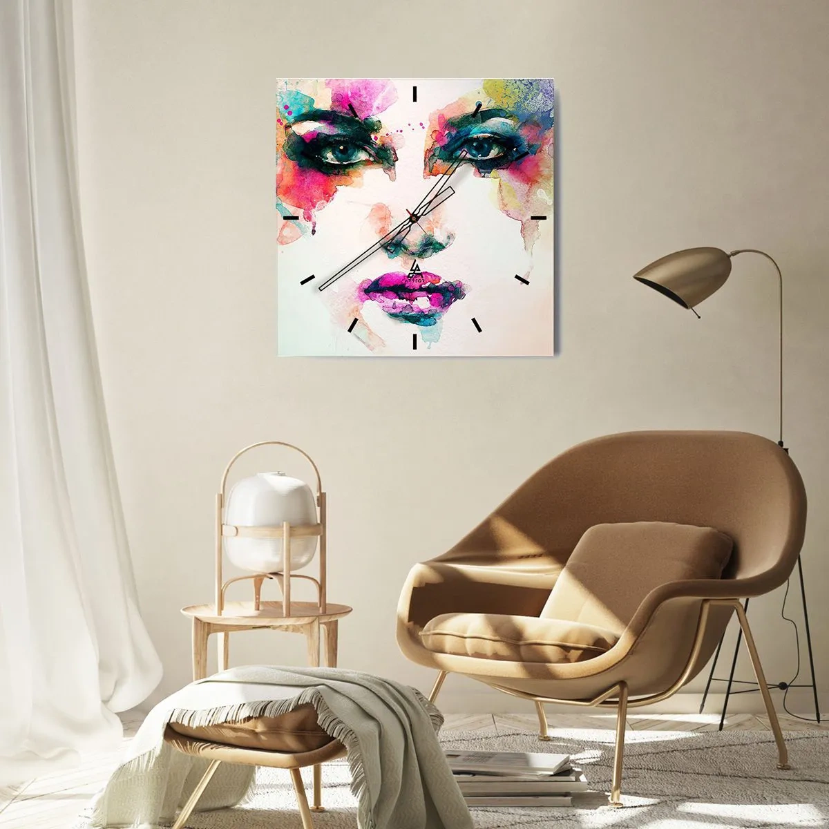 Reloj de pared - Reloj de vidrio - Retrato abstracto de una mujer en colores intensos. - 30x30cm - Retrato en arco iris - Decoración de pared moderna para salón y dormitorio ARTTOR