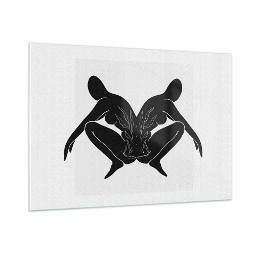 Cuadro sobre vidrio - Impresiones sobre Vidrio - Figuras negras que forman un corazón simétrico sobre un fondo blanco. - 100x70cm - Un alma compartida - Decoración de pared moderna para salón y dormitorio ARTTOR