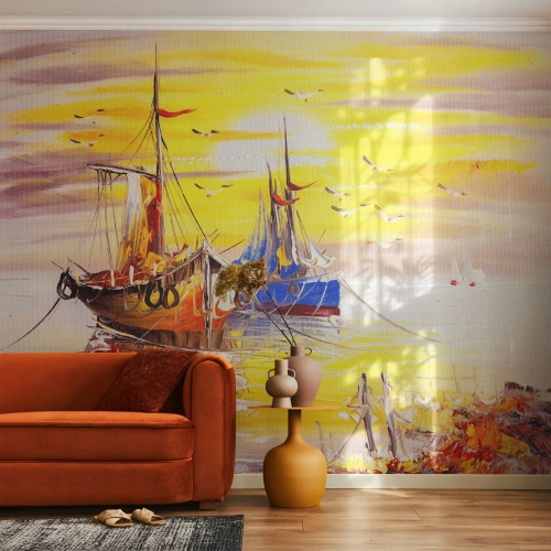 Fotomural personalizado Premium Canvas - Un merecido descanso en el puerto - Barco de pesca, Pesca, Aves