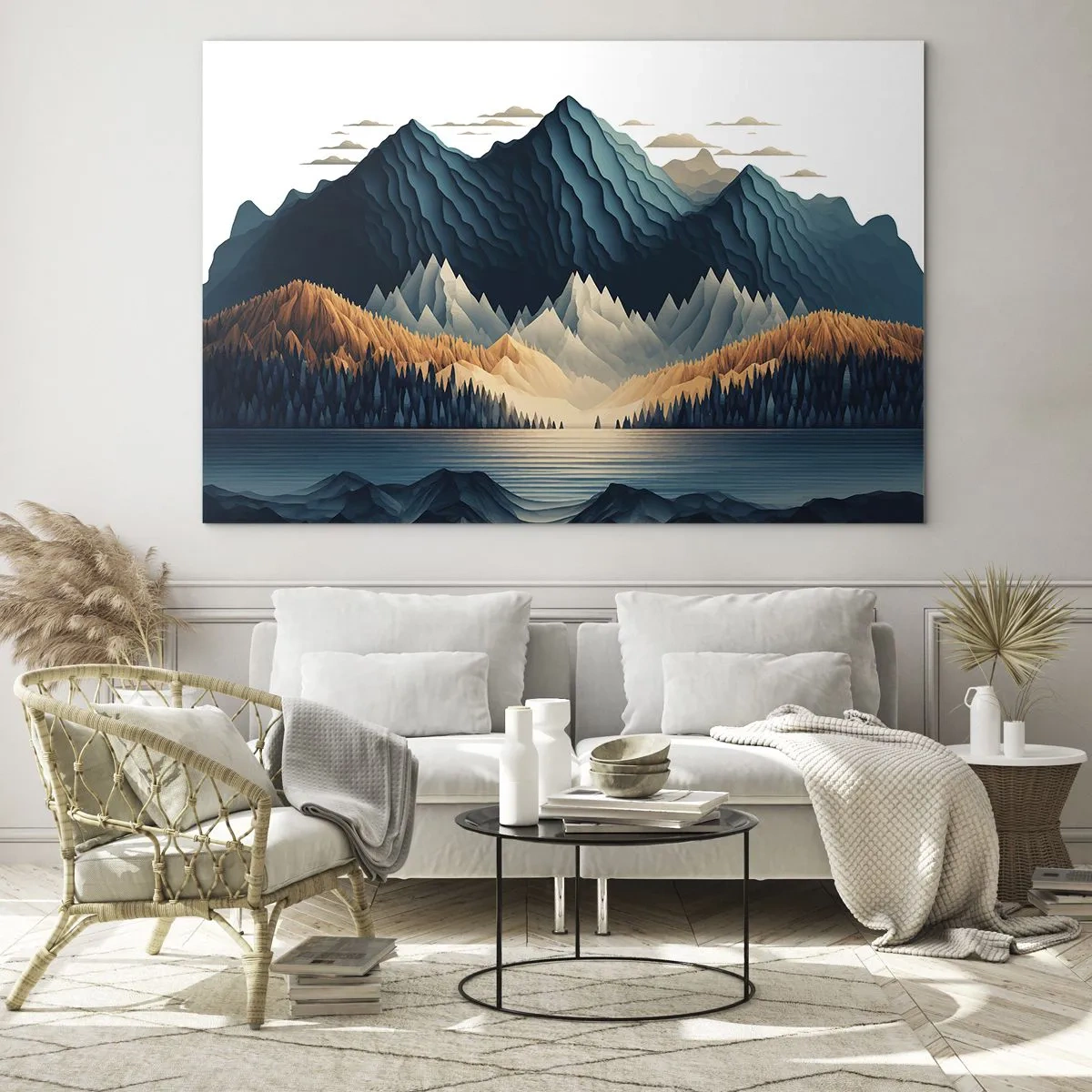 Cuadro sobre vidrio - Impresiones sobre Vidrio - Paisaje de montaña estilizado con un bosque y un lago. - 100x70cm - Paisaje perfecto de montañas - Decoración de pared moderna para salón y dormitorio ARTTOR