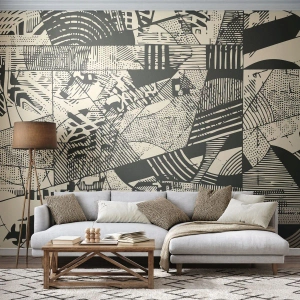 Fotomural Standard Eco - Abstracción en negro y beige con patrones geométricos dinámicos. - 100x70cm - La dinámica del presente - Decoración de pared moderna para salón y dormitorio ARTTOR