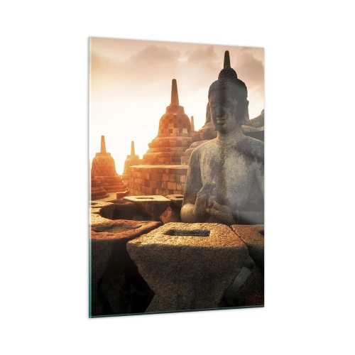 Cuadro sobre vidrio - Impresiones sobre Vidrio - Una estatua de Buda iluminada por el sol poniente en un antiguo complejo de templos. - 50x70cm - Tiempo de gran sabiduría - Decoración de pared moderna para salón y dormitorio ARTTOR