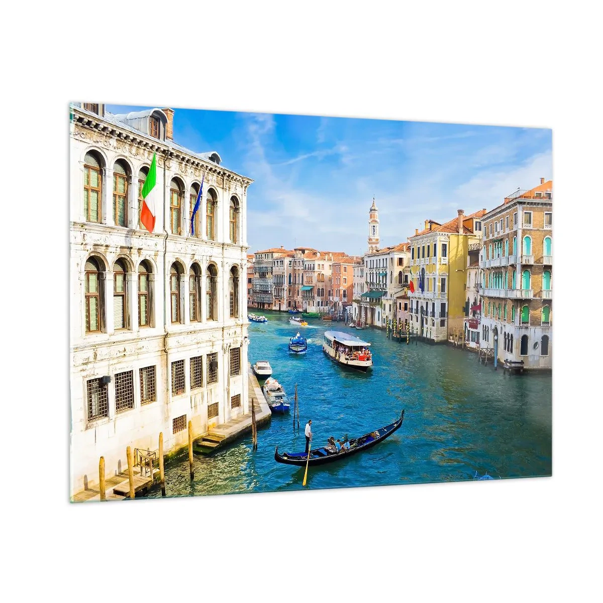 Cuadro sobre vidrio - Impresiones sobre Vidrio - Un canal en Venecia con góndolas y barcos en el agua. - 100x70cm - Tráfico único en el mundo - Decoración de pared moderna para salón y dormitorio ARTTOR