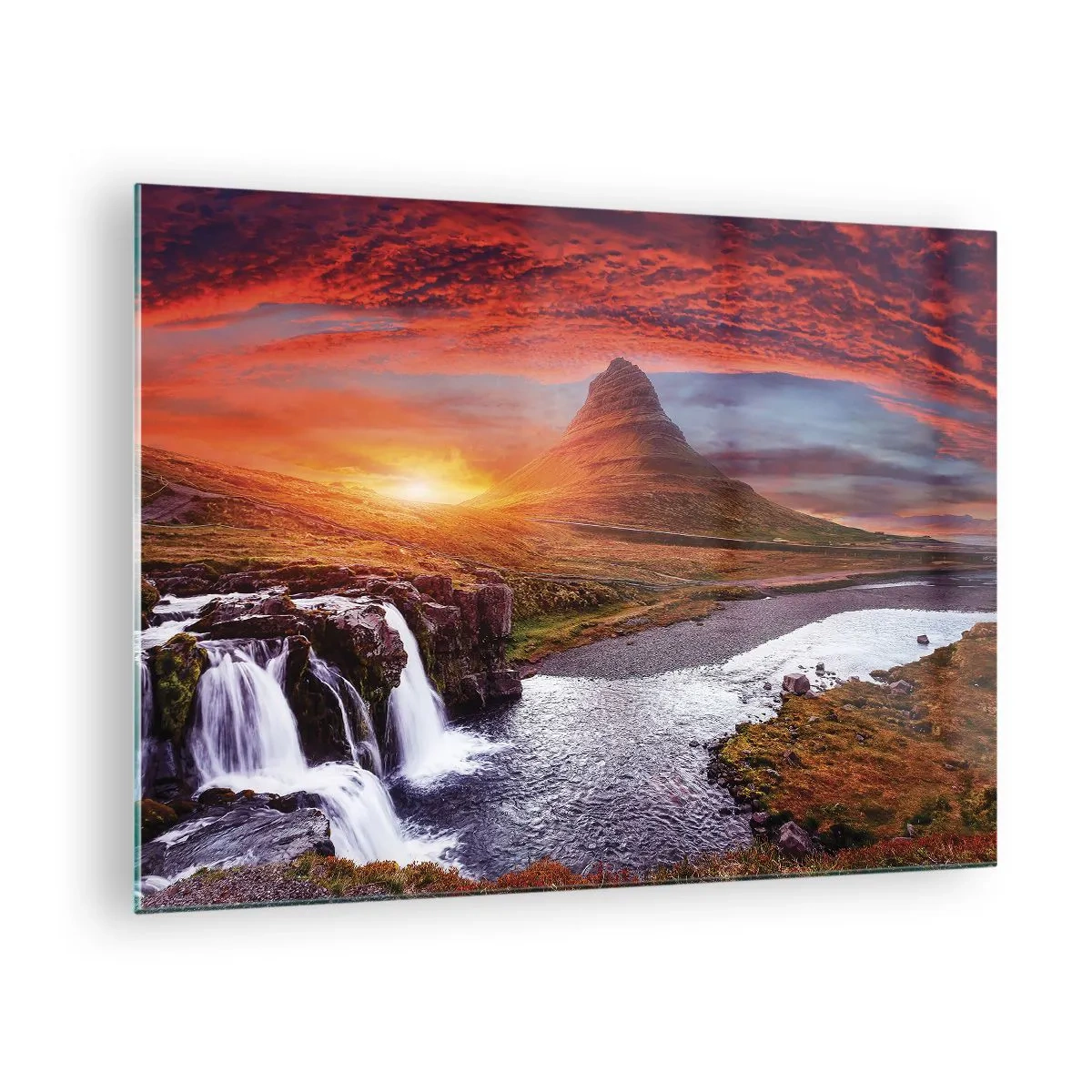 Cuadro sobre vidrio - Impresiones sobre Vidrio - Paisaje de montaña con cascada y puesta de sol - 70x50cm - Una vista de la Tierra Media - Decoración de pared moderna para salón y dormitorio ARTTOR