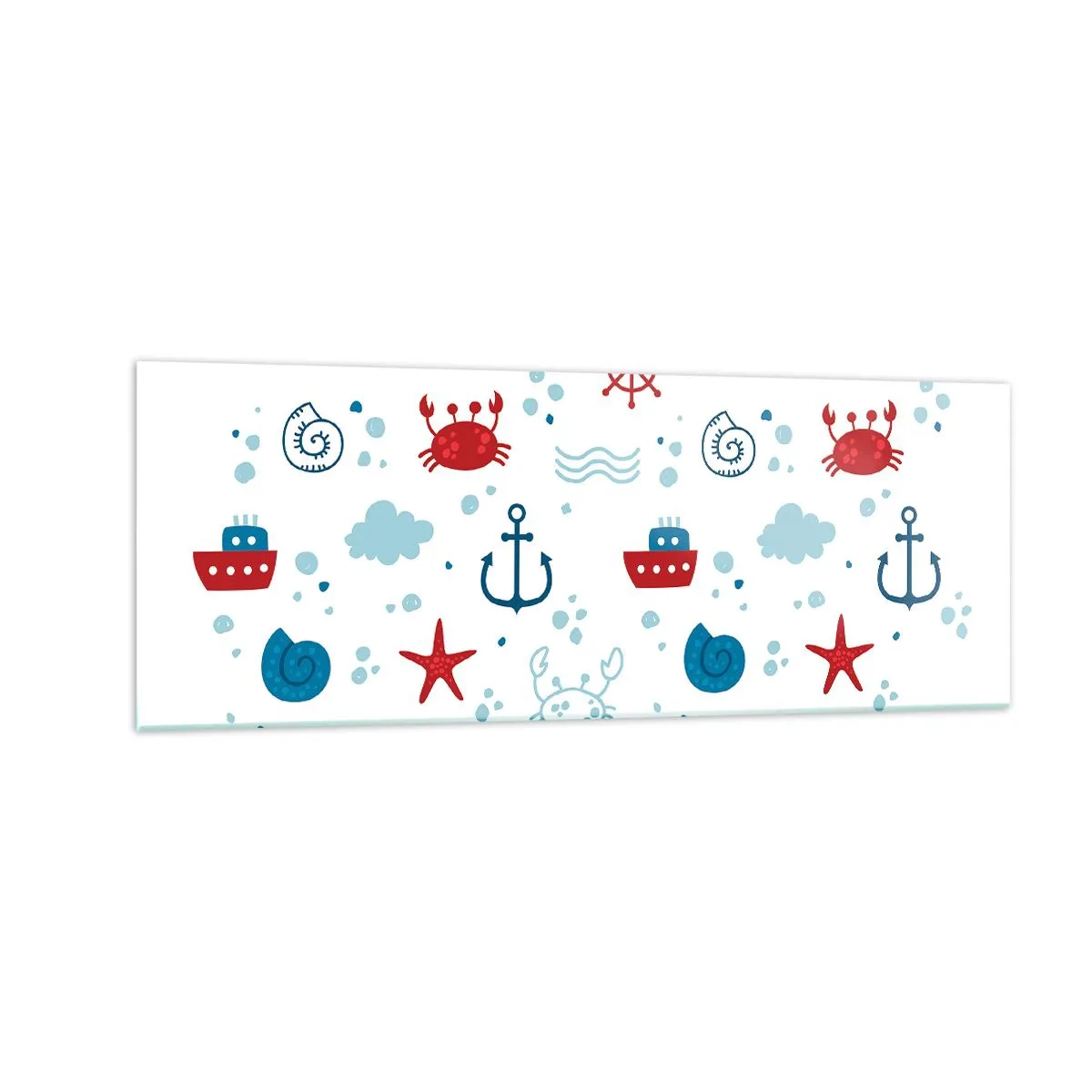 Cuadro sobre vidrio - Impresiones sobre Vidrio - Patrón náutico con anclas, barcos y cangrejos. - 140x50cm - Un cuento de mar - Decoración de pared moderna para salón y dormitorio ARTTOR