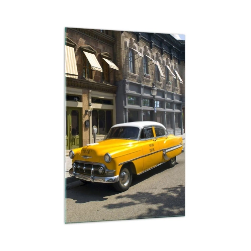 Cuadro sobre vidrio - Impresiones sobre Vidrio - Un taxi amarillo en una calle bordeada de casas de vecindad. - 70x100cm - Érase una vez en América - Decoración de pared moderna para salón y dormitorio ARTTOR