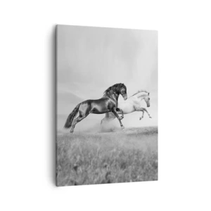 Cuadro sobre lienzo - Impresión de Imagen - Dos caballos al galope en una composición dinámica en blanco y negro - 50x70cm - Ángeles y demonios - Decoración de pared moderna para salón y dormitorio ARTTOR