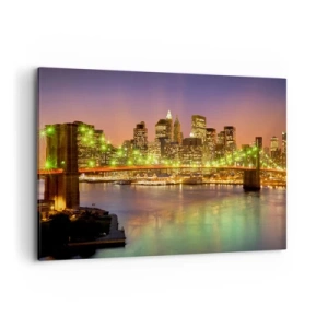 Cuadro sobre lienzo - Impresión de Imagen - Puente iluminado en una ciudad moderna por la noche - 100x70cm - Aquí la luz nunca se apaga - Decoración de pared moderna para salón y dormitorio ARTTOR
