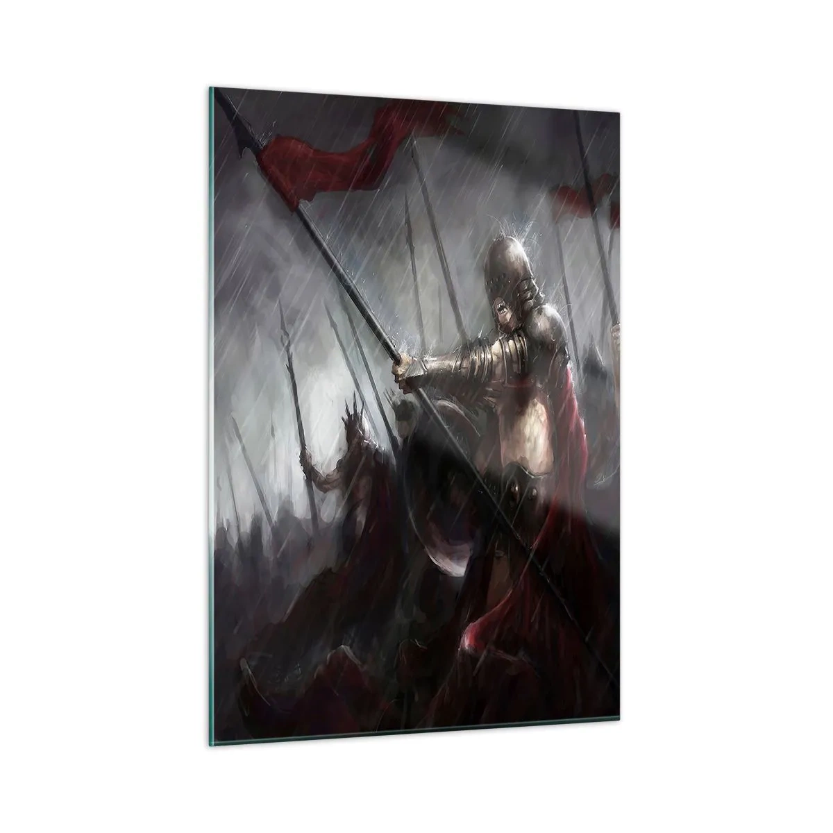Cuadro sobre vidrio - Impresiones sobre Vidrio - Caballeros bajo la lluvia en el campo de batalla con todo el equipo - 50x70cm - Unidos somos más fuertes - Decoración de pared moderna para salón y dormitorio ARTTOR