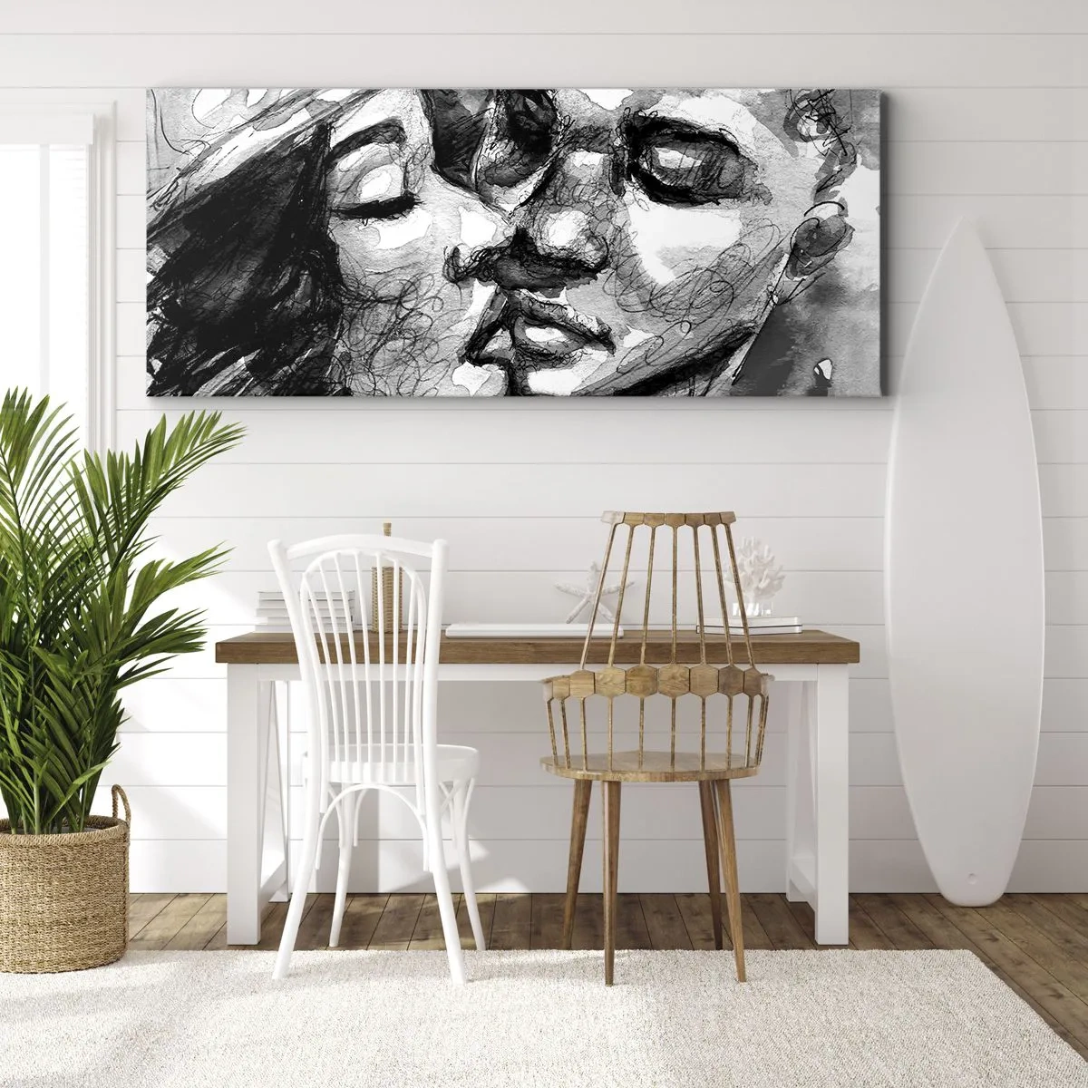 Cuadro sobre lienzo - Impresión de Imagen - Una acuarela en blanco y negro que representa un momento íntimo entre dos personas. - 120x50cm - Un momento tierno - Decoración de pared moderna para salón y dormitorio ARTTOR