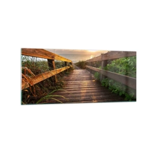 Cuadro sobre vidrio - Impresiones sobre Vidrio - Muelle de madera que conduce a la playa al atardecer - 120x50cm - Y directamente a la orilla - Decoración de pared moderna para salón y dormitorio ARTTOR