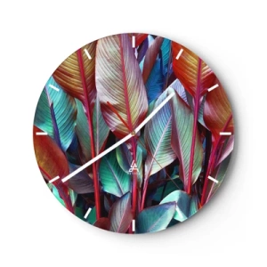 Reloj de pared - Reloj de vidrio - Hojas coloridas de plantas tropicales. - 30x30cm - Un matorral de colores - Decoración de pared moderna para salón, cocina y dormitorio ARTTOR