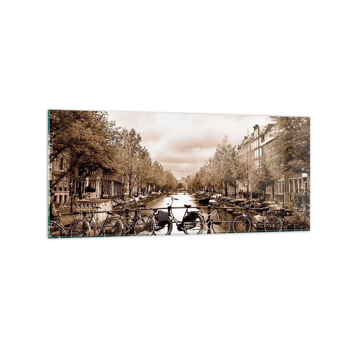Cuadro sobre vidrio - Impresiones sobre Vidrio - Puente para bicicletas sobre el canal en sepia - 120x50cm - Holanda solo hay una - Decoración de pared moderna para salón y dormitorio ARTTOR