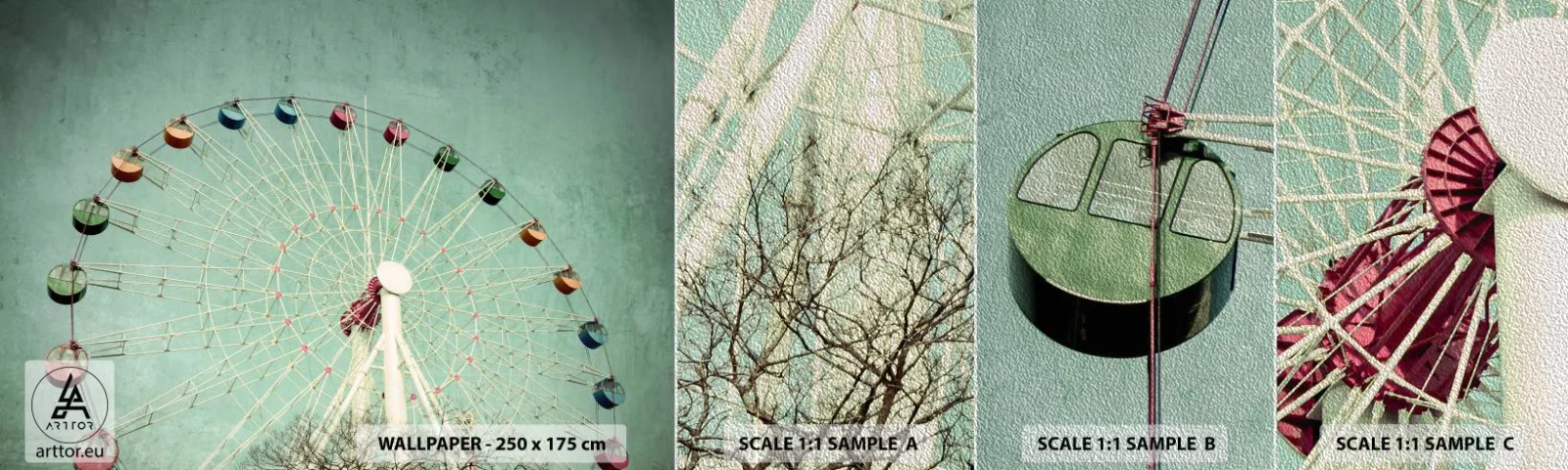 Muestra de fotomural Premium Sand - Te invitamos a jugar - rueda de la fortuna, tiovivo, Vintage - 100x30 cm