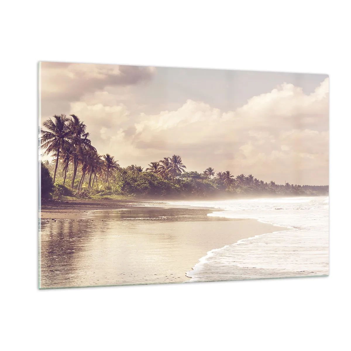Cuadro sobre vidrio - Impresiones sobre Vidrio - Una playa dorada con palmeras y un océano en calma bajo la suave luz. - 120x80cm - La caricia de las olas - Decoración de pared moderna para salón y dormitorio ARTTOR