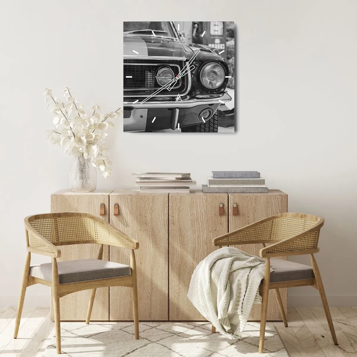 Reloj de pared - Reloj de vidrio - Capó de coche clásico en blanco y negro - 30x30cm - Paseo rudo - Decoración de pared moderna para salón y dormitorio ARTTOR