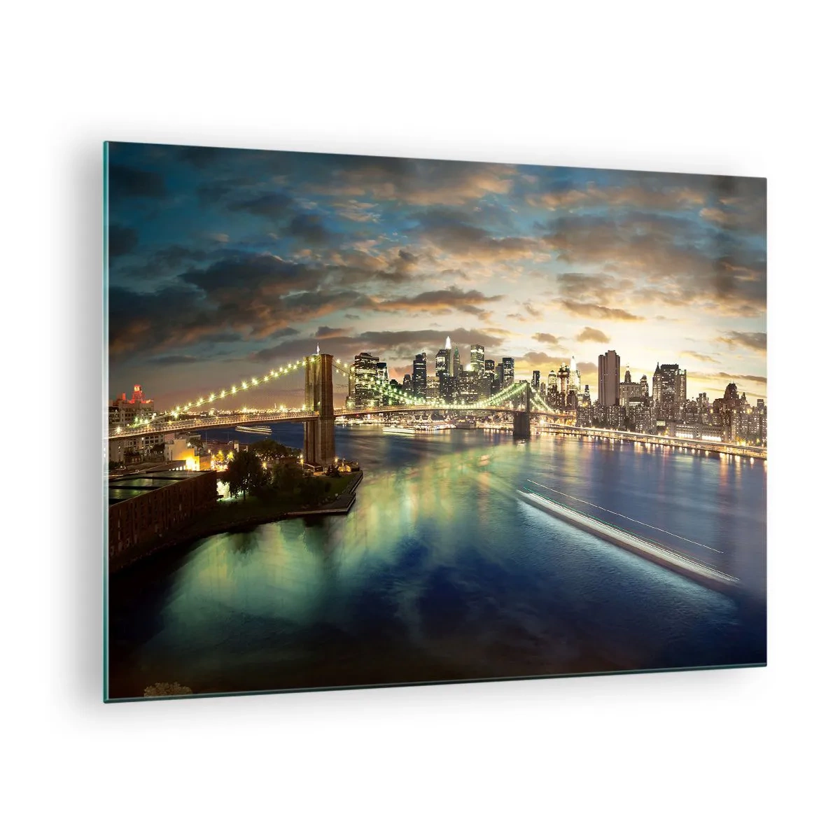 Cuadro sobre vidrio - Impresiones sobre Vidrio - Vista del puente y la ciudad al atardecer - 70x50cm - Un atardecer iluminado sobre Manhattan - Decoración de pared moderna para salón y dormitorio ARTTOR
