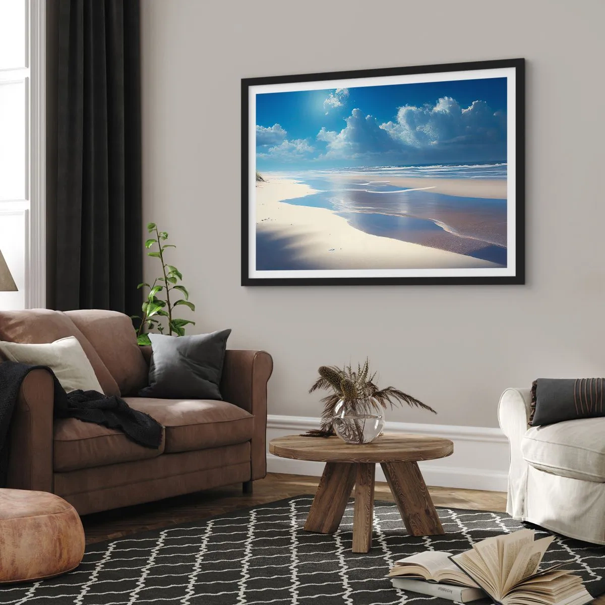 Póster en marco negro - Una playa de arena con olas bajo un cielo azul. - 70x50cm - Vacaciones en el paraíso - Decoración de pared moderna para salón y dormitorio ARTTOR