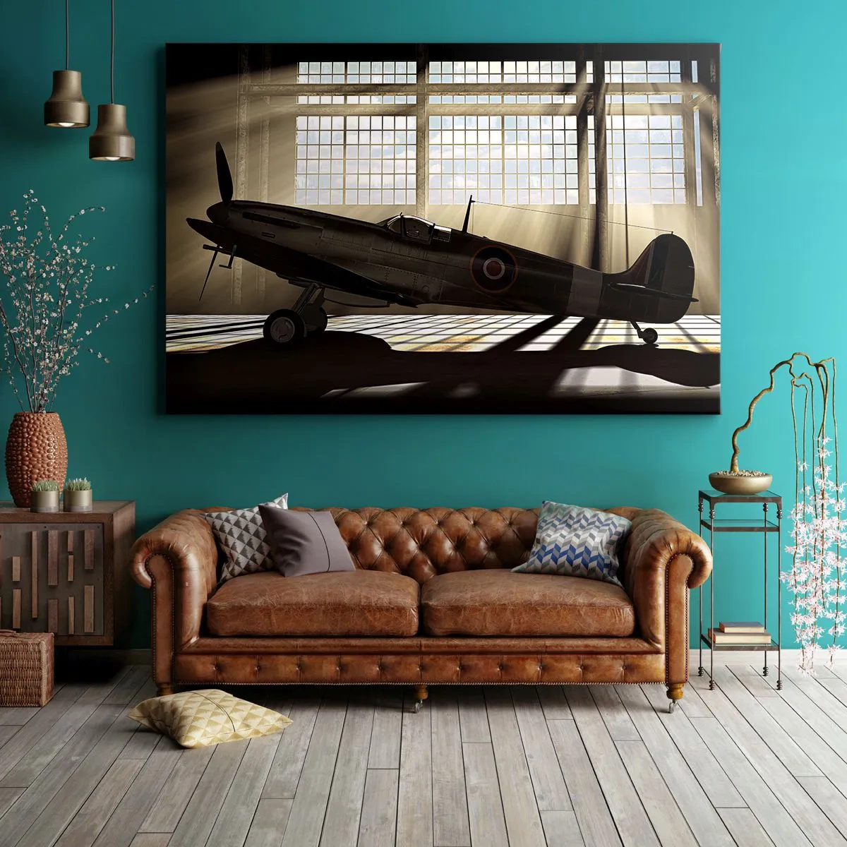 Cuadro sobre lienzo - Impresión de Imagen - Un avión histórico en un hangar iluminado por la luz del sol. - 120x80cm - El descanso del guerrero - Decoración de pared moderna para salón y dormitorio ARTTOR