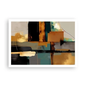 Póster - Composición abstracta con elementos dorados y turquesas. - 100x70cm - Abstracción: luces y sombras - Decoración de pared moderna para salón y dormitorio ARTTOR