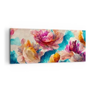 Cuadro sobre lienzo - Impresión de Imagen - Flores de colores sobre un fondo beige - 120x50cm - El colorido esplendor de un ramo - Decoración de pared moderna para salón y dormitorio ARTTOR